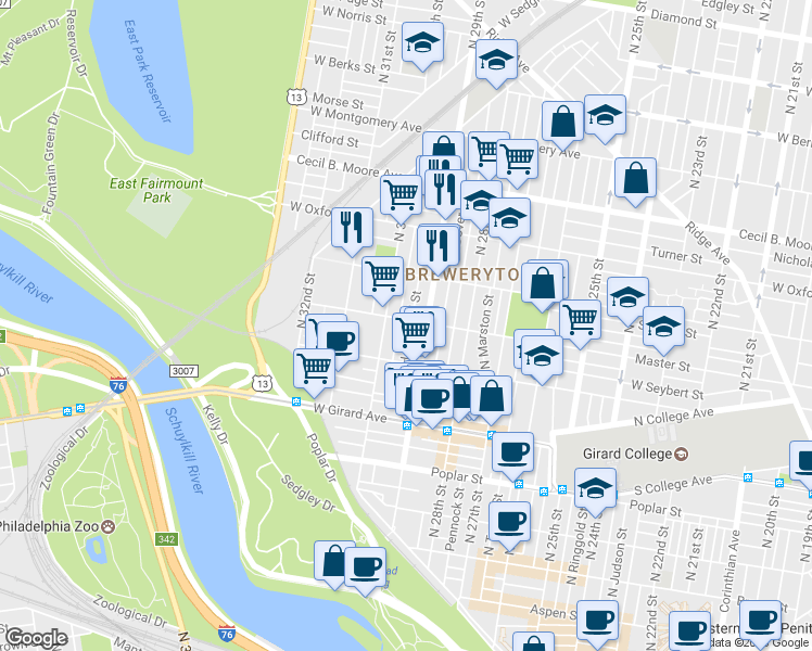map of restaurants, bars, coffee shops, grocery stores, and more near 2918 West Master Street in Philadelphia