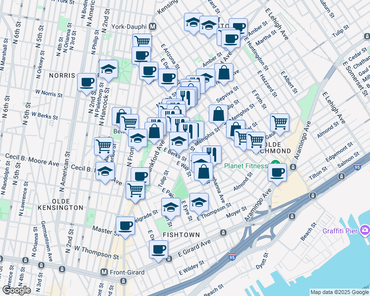 map of restaurants, bars, coffee shops, grocery stores, and more near 2318 East Norris Street in Philadelphia