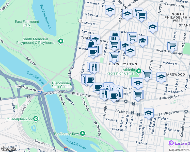 map of restaurants, bars, coffee shops, grocery stores, and more near 3041 Master Street in Philadelphia