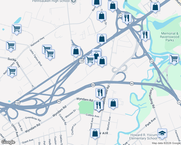 map of restaurants, bars, coffee shops, grocery stores, and more near Pennsauken Highway in Pennsauken Township