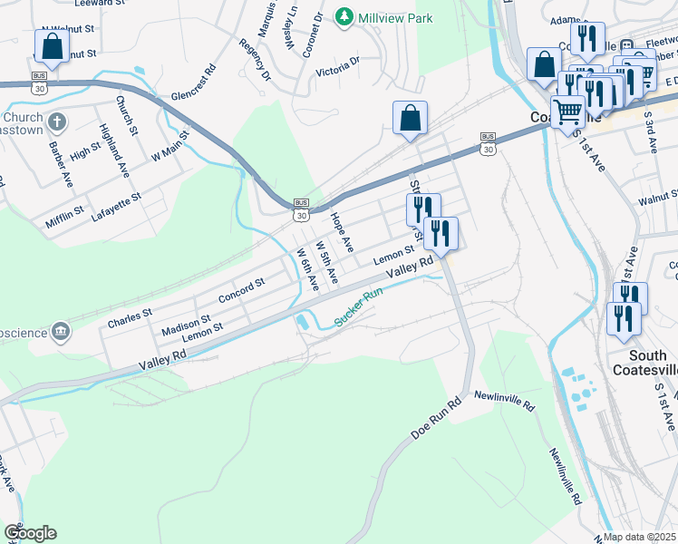 map of restaurants, bars, coffee shops, grocery stores, and more near 59 West 5th Avenue in Coatesville