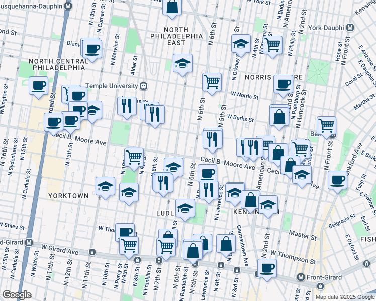 map of restaurants, bars, coffee shops, grocery stores, and more near 1711 N Marshall St in Philadelphia