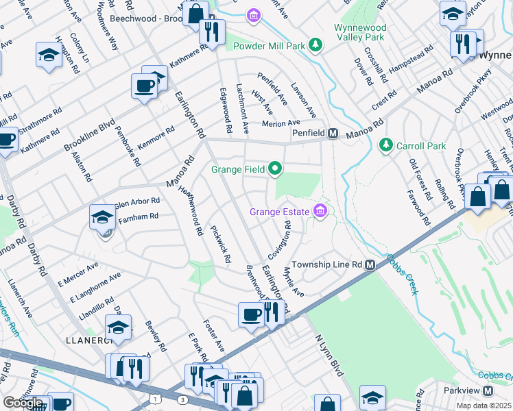 map of restaurants, bars, coffee shops, grocery stores, and more near 311 Walnut Place in Havertown