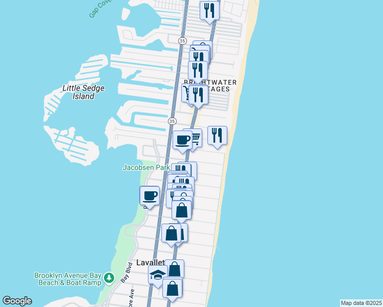 map of restaurants, bars, coffee shops, grocery stores, and more near 103 Grand Central Avenue in Lavallette
