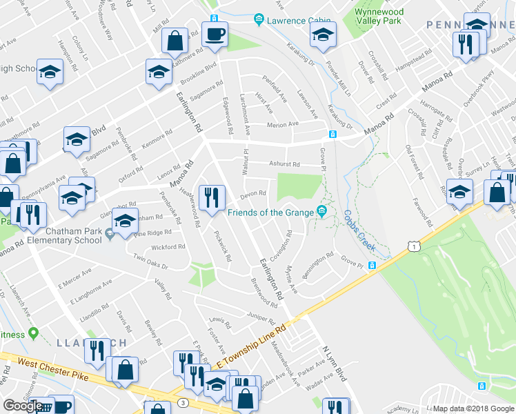 map of restaurants, bars, coffee shops, grocery stores, and more near 311 Walnut Place in Havertown