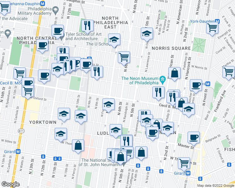 map of restaurants, bars, coffee shops, grocery stores, and more near 1711 N Marshall St in Philadelphia