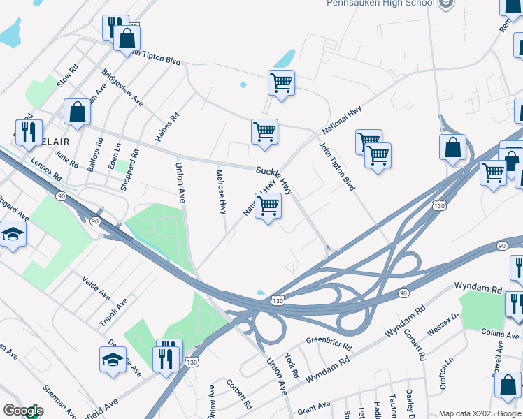 map of restaurants, bars, coffee shops, grocery stores, and more near 8000 National Highway in Pennsauken Township