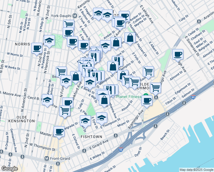 map of restaurants, bars, coffee shops, grocery stores, and more near 2346 East Fletcher Street in Philadelphia
