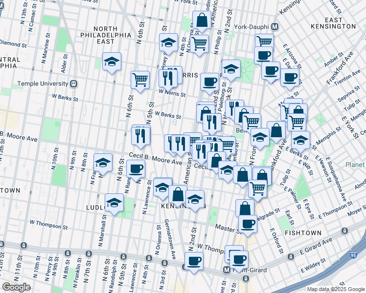 map of restaurants, bars, coffee shops, grocery stores, and more near 1754 North Bodine Street in Philadelphia