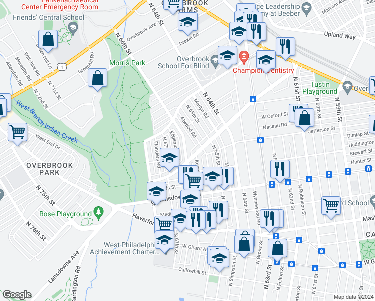 map of restaurants, bars, coffee shops, grocery stores, and more near 921 North 66th Street in Philadelphia