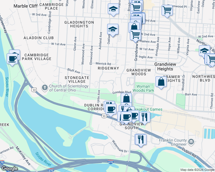 map of restaurants, bars, coffee shops, grocery stores, and more near 1000 Urlin Avenue in Grandview Heights