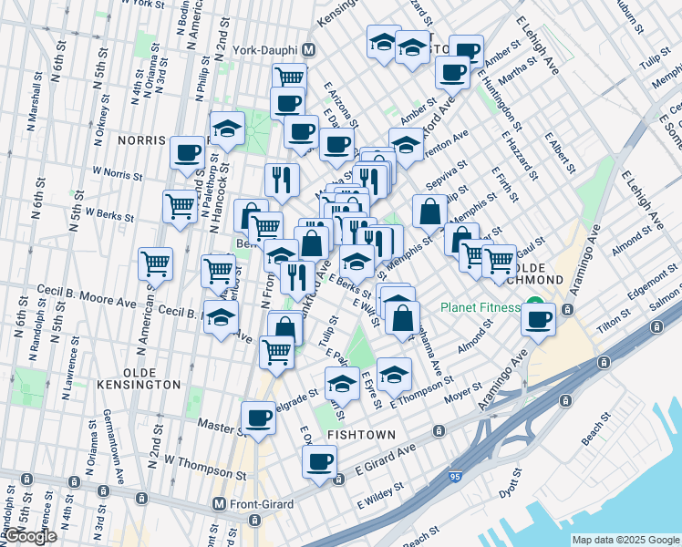 map of restaurants, bars, coffee shops, grocery stores, and more near 1839 Sepviva Street in Philadelphia