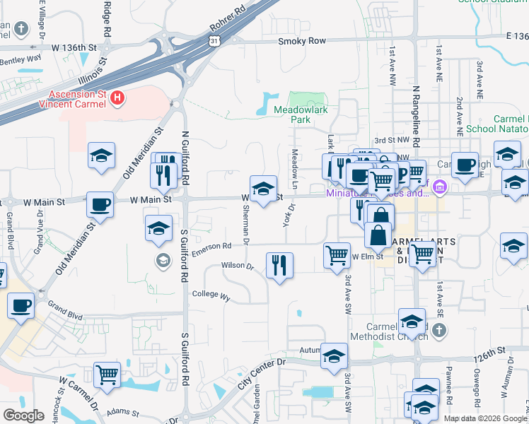 map of restaurants, bars, coffee shops, grocery stores, and more near 651 West Main Street in Carmel