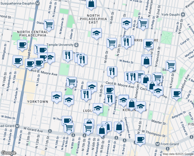 map of restaurants, bars, coffee shops, grocery stores, and more near 1712 North Marshall Street in Philadelphia