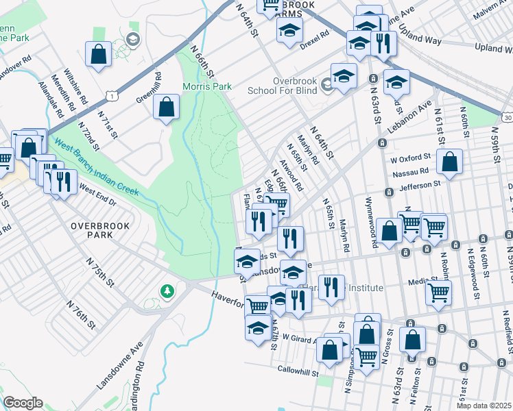 map of restaurants, bars, coffee shops, grocery stores, and more near 1028 N 67th St in Philadelphia