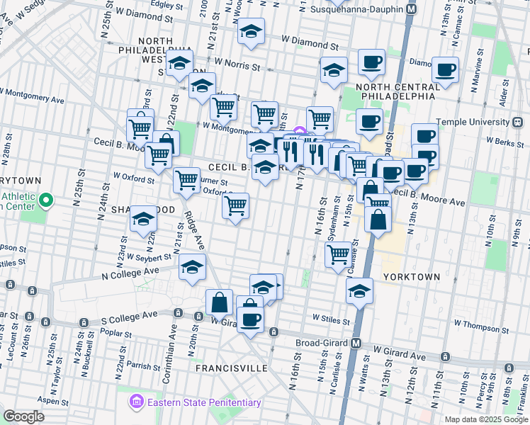 map of restaurants, bars, coffee shops, grocery stores, and more near 1526 North 18th Street in Philadelphia