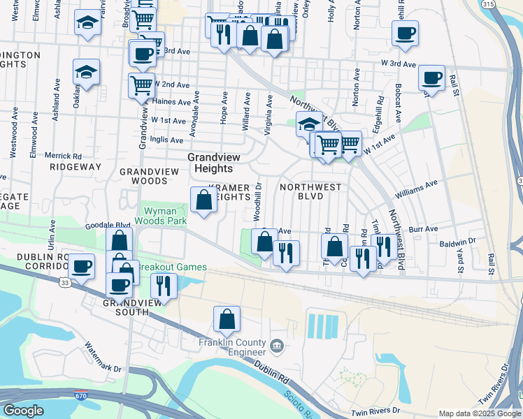 map of restaurants, bars, coffee shops, grocery stores, and more near 920 Woodhill Drive in Grandview