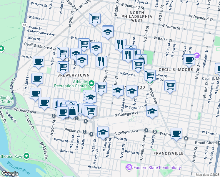 map of restaurants, bars, coffee shops, grocery stores, and more near 2418 Stewart Street in Philadelphia