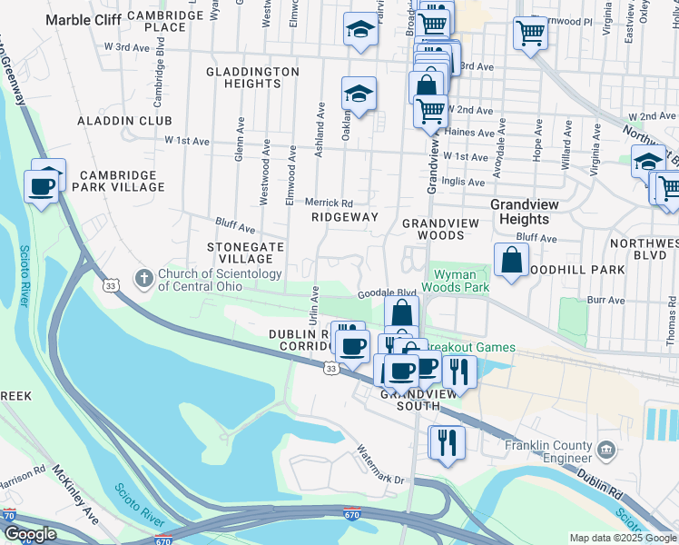 map of restaurants, bars, coffee shops, grocery stores, and more near 1000 Urlin Avenue in Grandview Heights