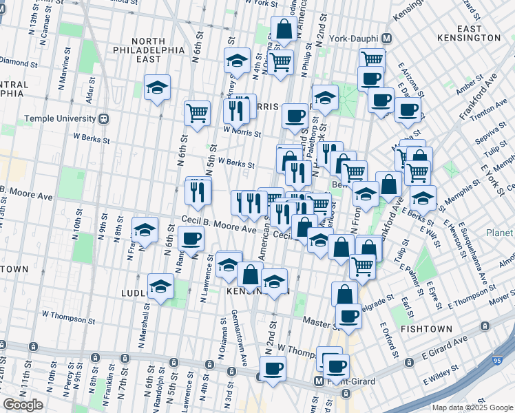 map of restaurants, bars, coffee shops, grocery stores, and more near 1756 North Bodine Street in Philadelphia