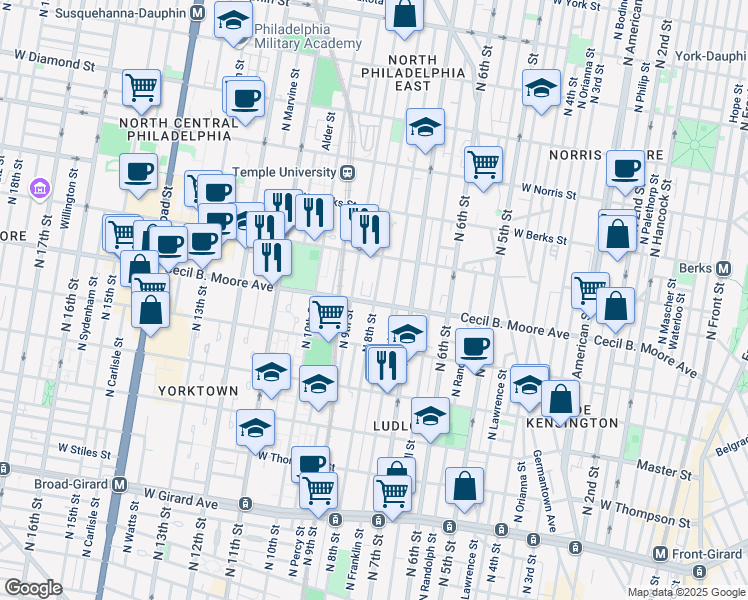 map of restaurants, bars, coffee shops, grocery stores, and more near 1725 North 9th Street in Philadelphia