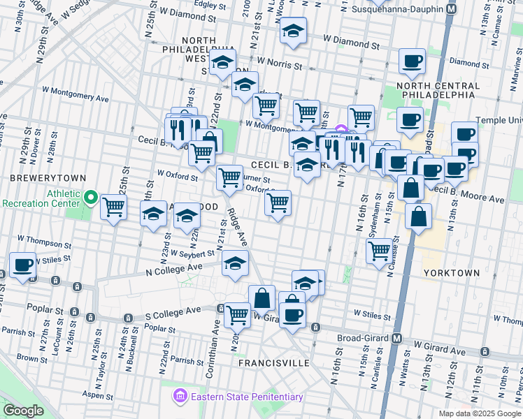 map of restaurants, bars, coffee shops, grocery stores, and more near 1515 North 20th Street in Philadelphia