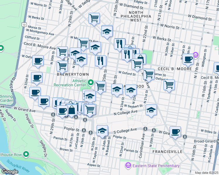 map of restaurants, bars, coffee shops, grocery stores, and more near 2418 Stewart Street in Philadelphia