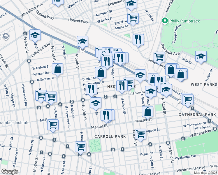map of restaurants, bars, coffee shops, grocery stores, and more near 5624 Stewart Street in Philadelphia