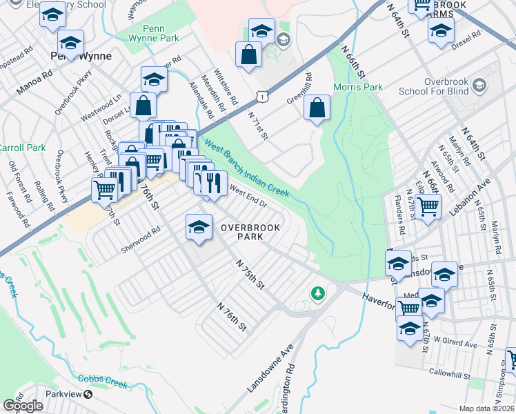 map of restaurants, bars, coffee shops, grocery stores, and more near 1525 West End Drive in Philadelphia