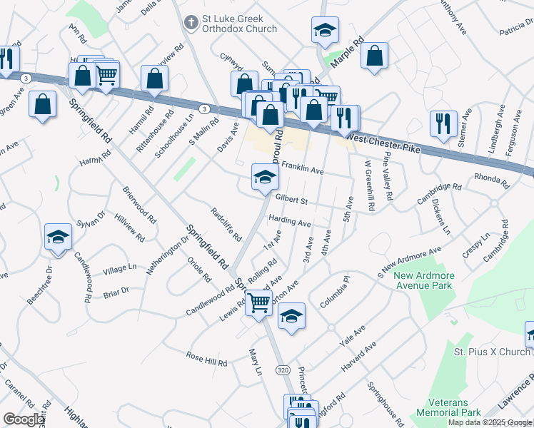 map of restaurants, bars, coffee shops, grocery stores, and more near North Sproul Road in Broomall