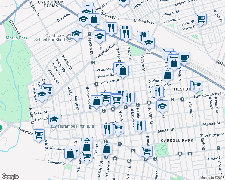 map of restaurants, bars, coffee shops, grocery stores, and more near 1723 North 62nd Street in Philadelphia