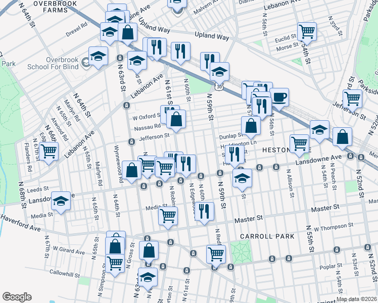 map of restaurants, bars, coffee shops, grocery stores, and more near 1730 North Edgewood Street in Philadelphia