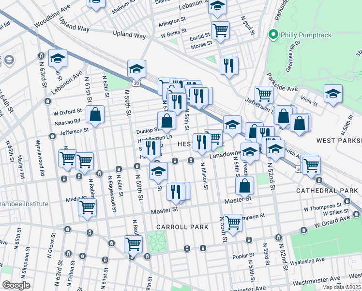 map of restaurants, bars, coffee shops, grocery stores, and more near 5622 Stewart Street in Philadelphia
