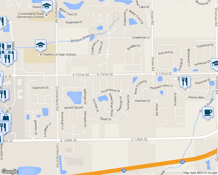 map of restaurants, bars, coffee shops, grocery stores, and more near 12985 Sweet Briar Parkway in Fishers