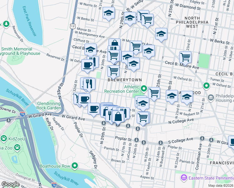 map of restaurants, bars, coffee shops, grocery stores, and more near in Philadelphia