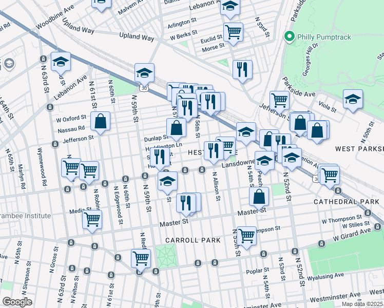 map of restaurants, bars, coffee shops, grocery stores, and more near 5622 Stewart Street in Philadelphia