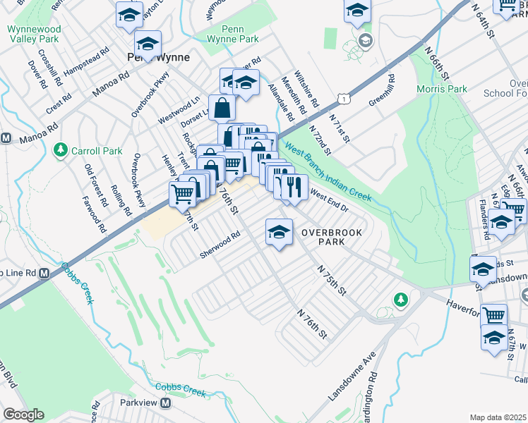 map of restaurants, bars, coffee shops, grocery stores, and more near 7531 Sherwood Road in Philadelphia
