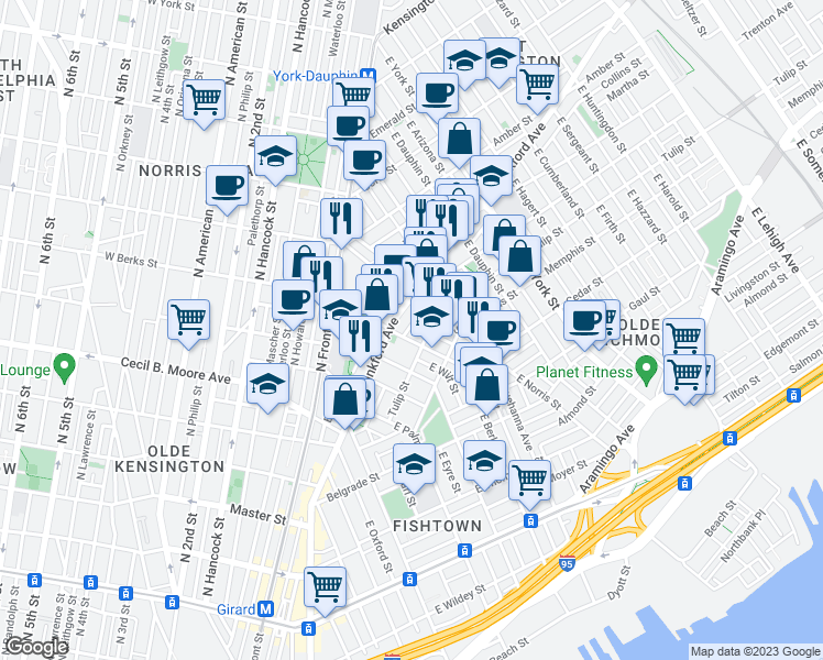 map of restaurants, bars, coffee shops, grocery stores, and more near 1839 Sepviva Street in Philadelphia