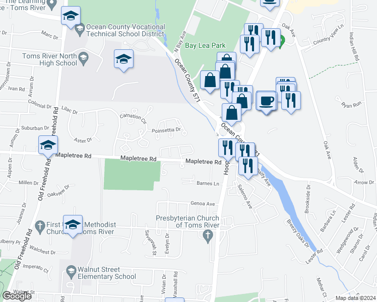 map of restaurants, bars, coffee shops, grocery stores, and more near 9 Turnberry Circle in Toms River