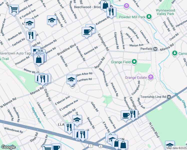 map of restaurants, bars, coffee shops, grocery stores, and more near 231 Glen Arbor Road in Havertown