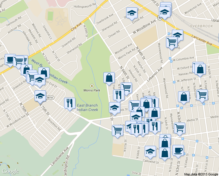 map of restaurants, bars, coffee shops, grocery stores, and more near 1029 North 68th Street in Philadelphia