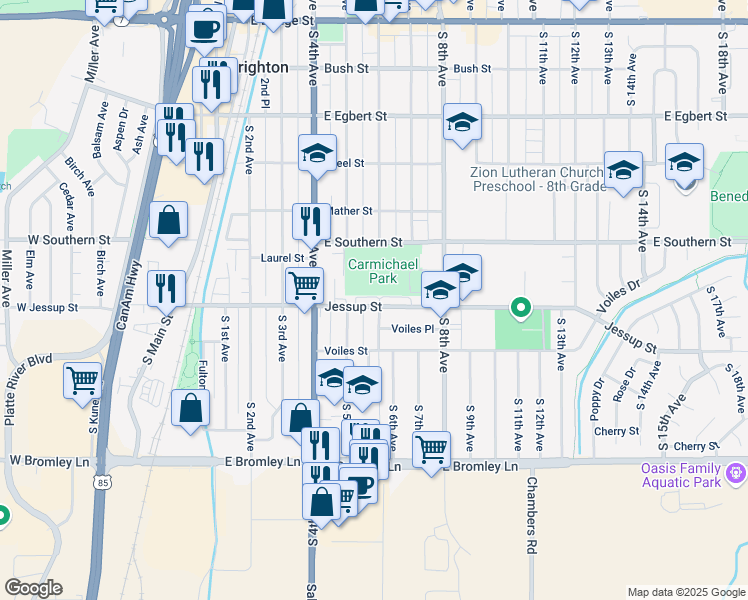 map of restaurants, bars, coffee shops, grocery stores, and more near 583 Jessup Street in Brighton