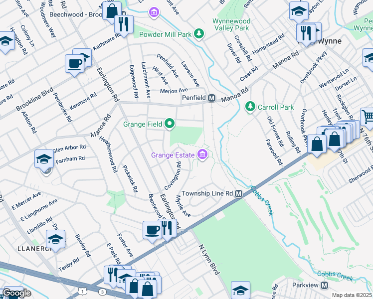 map of restaurants, bars, coffee shops, grocery stores, and more near 217 Myrtle Avenue in Havertown