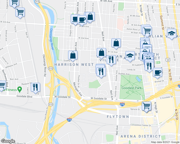 map of restaurants, bars, coffee shops, grocery stores, and more near Buttles Ave & Harrison Ave in Columbus