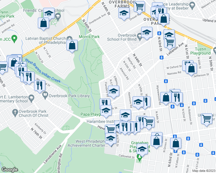 map of restaurants, bars, coffee shops, grocery stores, and more near 1033 Flanders Road in Philadelphia