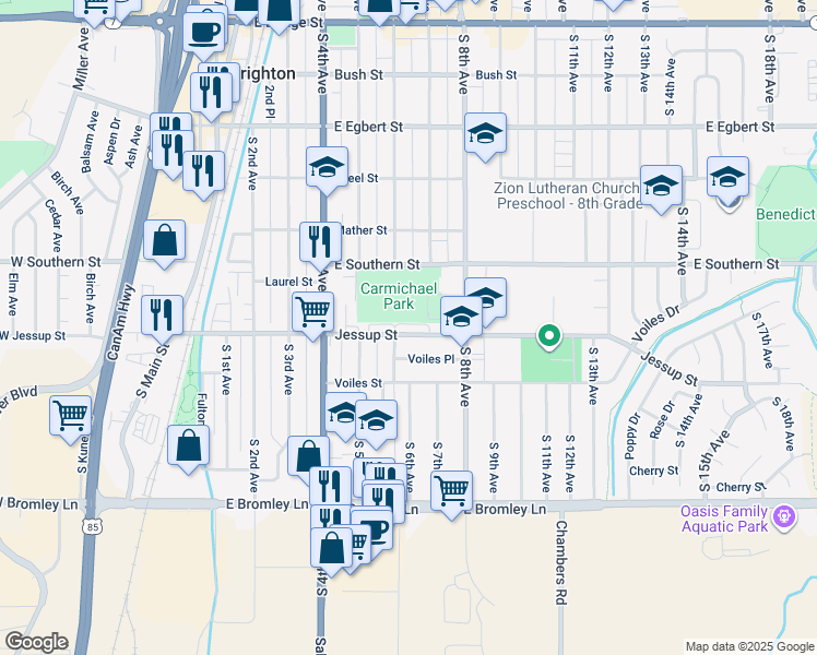 map of restaurants, bars, coffee shops, grocery stores, and more near 583 Jessup Street in Brighton