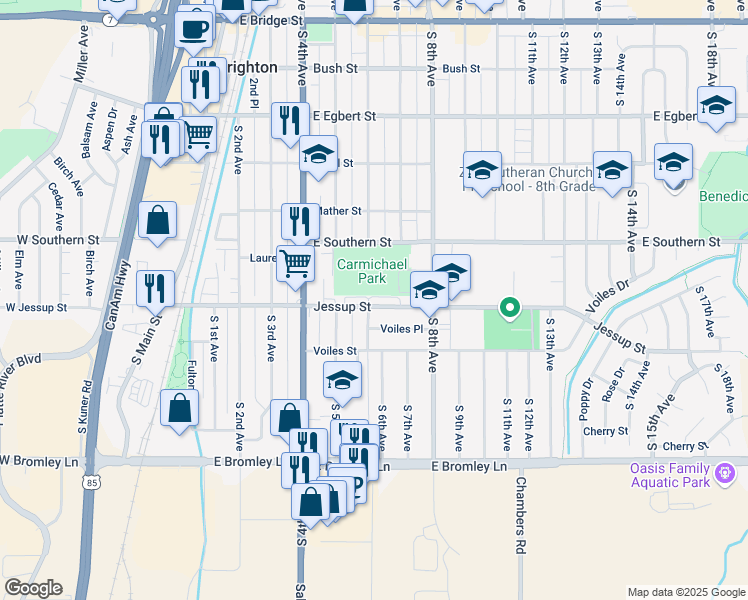 map of restaurants, bars, coffee shops, grocery stores, and more near 583 Jessup Street in Brighton