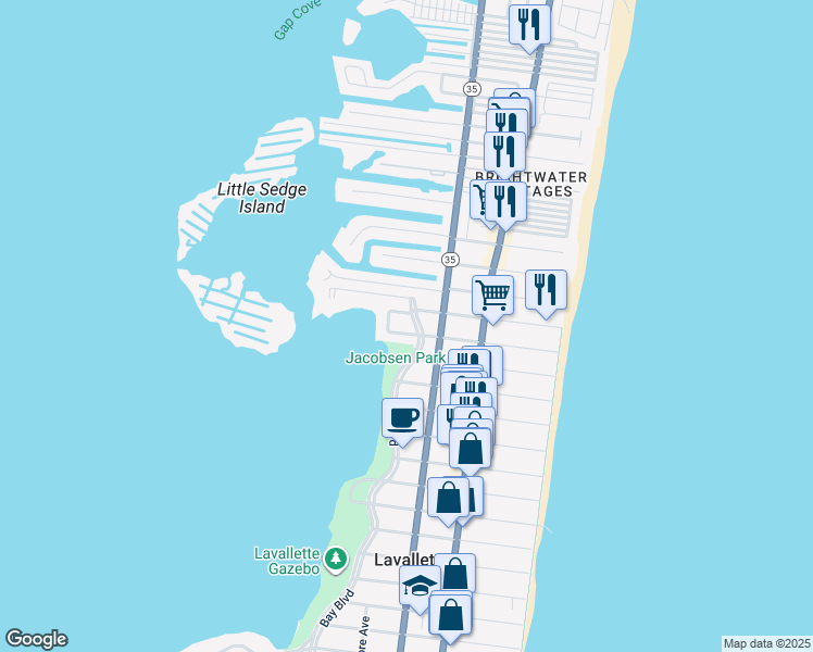 map of restaurants, bars, coffee shops, grocery stores, and more near 100 Coleman Lane in Lavallette