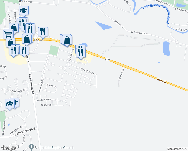map of restaurants, bars, coffee shops, grocery stores, and more near 19 Caramel Drive in Lumberton