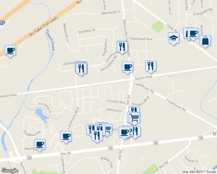 map of restaurants, bars, coffee shops, grocery stores, and more near 4704 Grenwich Lane in Mount Laurel Township